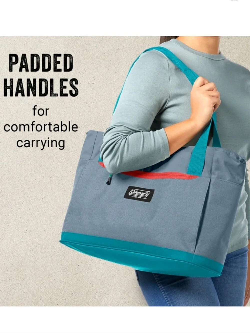 Coleman Insulated Soft Cooler Gray Tote with Teal Straps and Red Zipper NWT